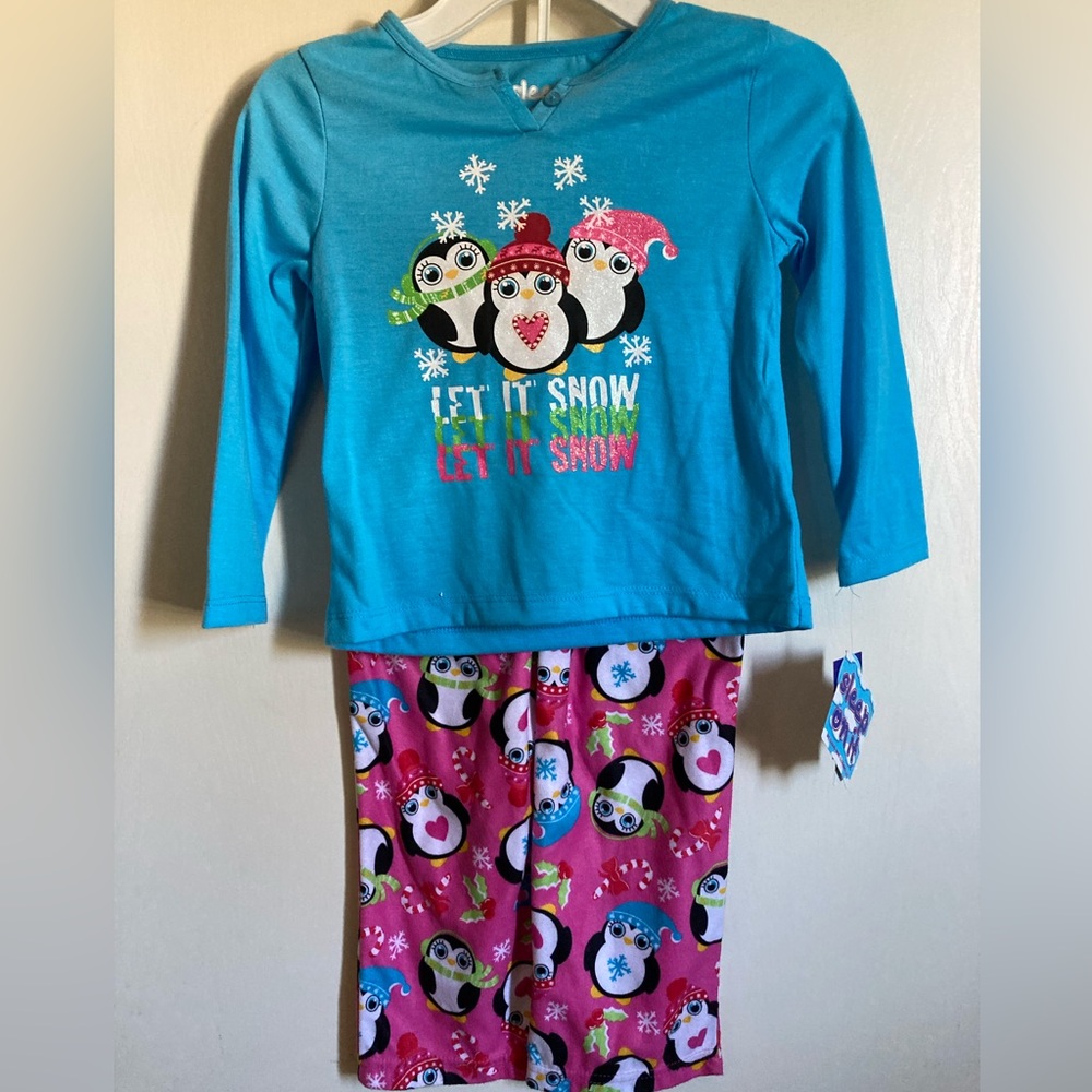 🌸Sleep on It Turquoise Penguin Winter Theme Long Sleeve Shirt & Pants Pj Set